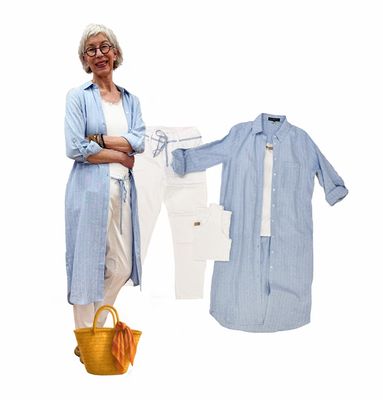 Blusenmantel /Kleid bleu stripe RED BUTTON, Slim Jeans weiß BLUE MONKEY, Spitzentop weiß MARTA