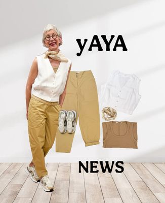 YAYA NEWS Sommer Barrel safari brown, Bluse ohne Arm weiss, Bandana Nicky, Ledergürel, Sneaker RINOundPELLE