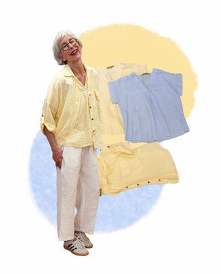 Leinen Blusenshirt in gelb und bleu -passende Blusenjacke gelb MARTA DU CHATEAU, Leinenhose verkürzt weiß HARIS COTTON