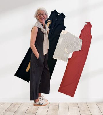 Jumpsuit black und rote Erde BODY TOUCH, leichter Stripepullover YAYA, Stripepullover BODY TOUCH, Gürtel YAYA, Gürtel ACCESSOIRES