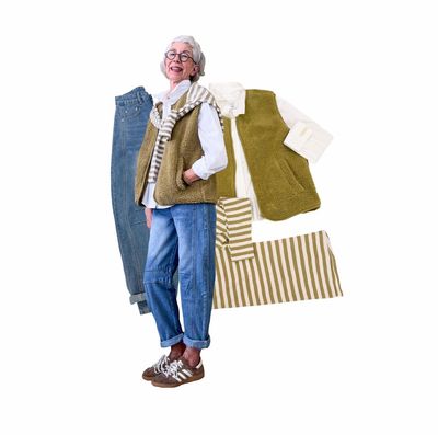 Teddyweste und Stipeshirt pistacchio, Bluse offwhite THE SHIRT PROJECT, new Barreljeans BLUE MONKEY und Andere