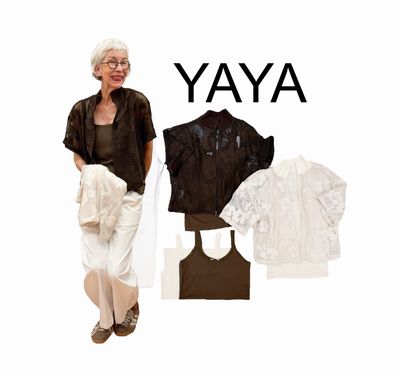 Häkeljacke beige und brown mit passendem Top YAYA, Barrel weiß YOU TOO