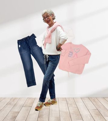 Light Sweater offwhite und rose FRIEDA und FREDDIES, AURORA Jog denim Jeans BLUE MONKEY