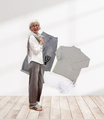 Hemdbluse weiß FRIEDA und FREDDIES, feiner Wollpullover light grey THE SHIRT PROJECT, Barrel FIT Pant grey BLUE MONKEY, Gürtel Wildleder grau