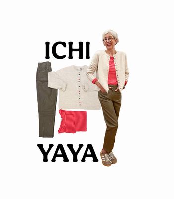 Cardigan mit bunten Knöpfen ICHI, Kunstlederhose YAYA, Ringelshirt ICHI