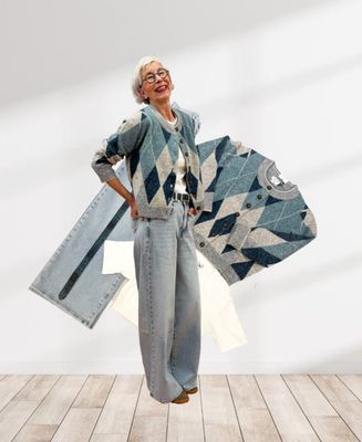 Kuschelcardigan Rhomben WHITE STUFF, Rippshirt ICHI, Wide Leg Jeans YAYA, Ledergürtel petrol