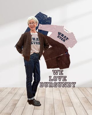 Boucle Bomber-Cardigan burgundy und latte - Jeans Sienna RED BUTTON, Stripeshirt burgund THE SHIRT PROJECT