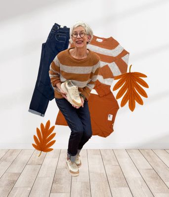 Kuscheliger Stripe Pullover und Rippshirt caramel THE SHIRT PROJECT, Slim Fit Jeans Sienna RED BUTTON, Sneaker RINO und PELLE