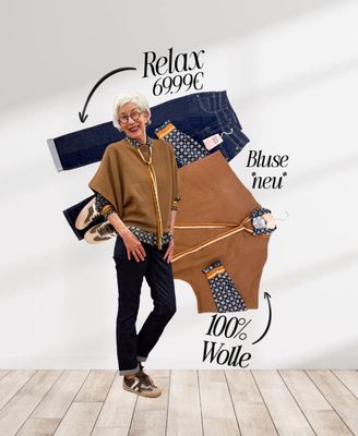 Pullover mit weiten verkürzten Ärmeln camel und Bluse gemustert mit Krawatte EMILY VAN DEN BERGH, Relax forever blue RED BUTTON, Sneaker dark brown