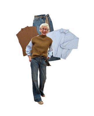 Pullunder und Bluse mit Dehnbund EMILY VAN DEN BERGH, Jeans Brielle in 2 Länge RED BUTTON, Vintage Sneaker brown