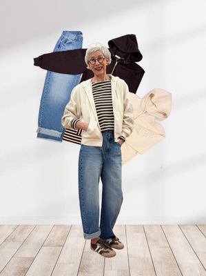 Coole Barrel Jeans THE SHIRT PROJECT, Sweatjacke mit Ton in Ton Stickerei offwhite und coffee RINOundPELLE, Stripeshirt brown creme RED BUTTON, Vintage Sneaker brown