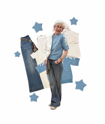 Cordblouson und Cordbarrel marshmallow TIMEZONE, Kurzarmpullover mit Stickerei türkis WHITE STUFF, Wide Leg Jeans RED BUTTON in 2 Längen