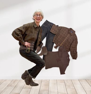 Karo Check Blouson und Relax jeans overdye black brown RED BUTTON, Spitzenshirt brown YAYA, Westernstiefelette brown RINO und PELLE, Sweet 9 Armbänder graphit bronze ACCESSOIRES