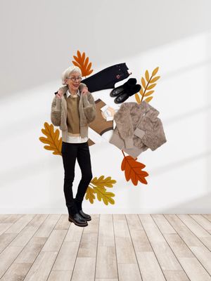 Retro Fake Fur Blouson RINOund PELLE, Pullunder YAYA, Basicbluse ICHI, Slim Fit Jeans black TIMEZONE, Bootie mit Stulpe RINO und PELLE