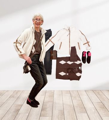 Teddyjacke RINOundPELLE, Rhombencardigan ICHI, Relax overdye RED BUTTON, Loafer espresso KMB, Söckchen AMACE, Lederbag SPANIEN