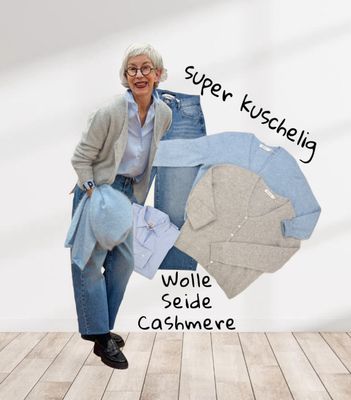 Edler Cardigan Wolle,Seide, Cashmere in blue und light grey ORICE EIGENMARKE, Stripebluse bleu weiß EMILY VAN DEN BERGH, verkürzte Barrel THE SHIRT PROJECT