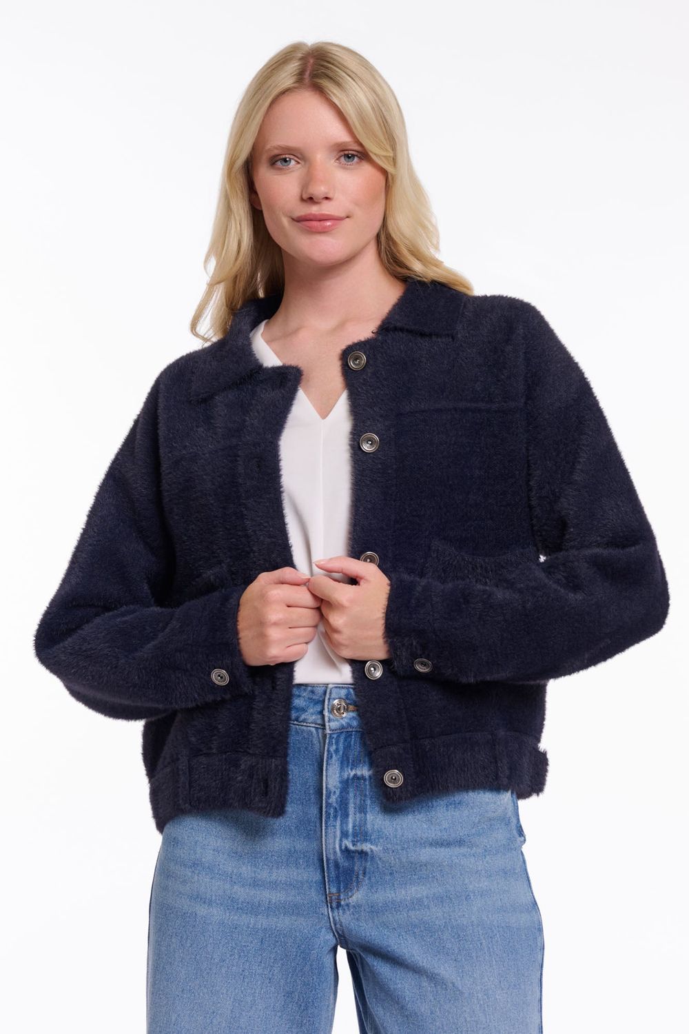 BUBBLY dark navy flauschige Kurzjacke