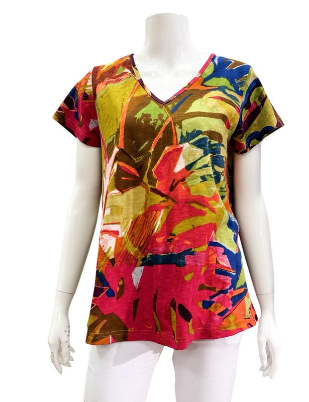 23098LR Leaves Red Graphicshirt ORIENTIQUE