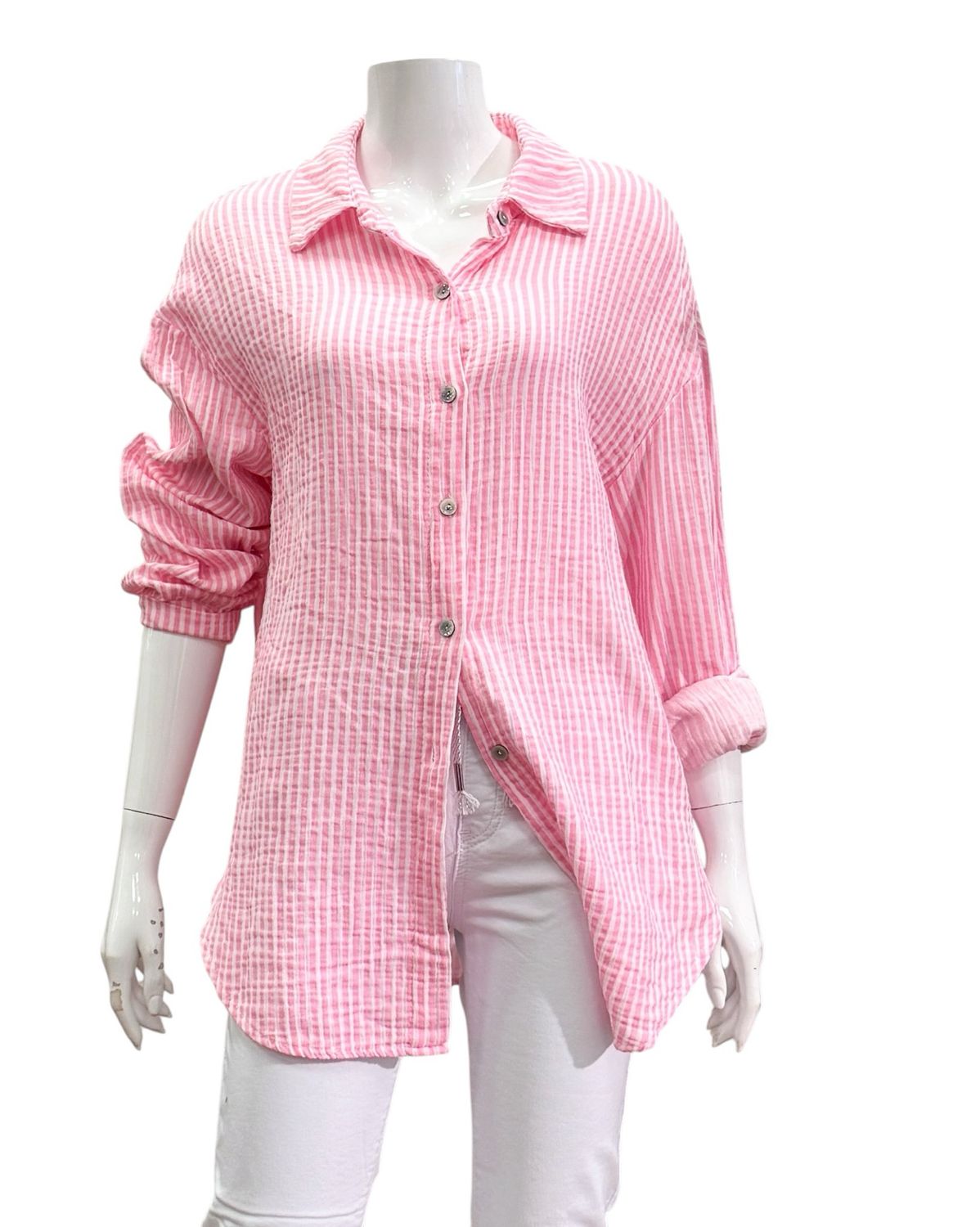 9718 gestreifte Mousselinbluse mit Rückenstickerei  pink weiß BODY TOUCH