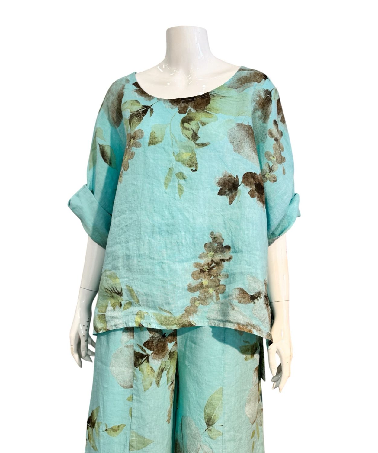 8828 Leinen Blusenshirt türkis gemustert LOVE LINEN NEU