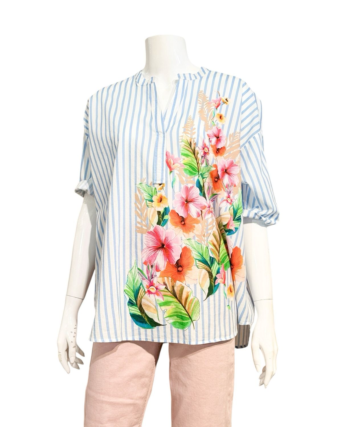 8882-156370 Kurzarm Stripebluse mit Blütendruck EMILY VAN DEN BERGH