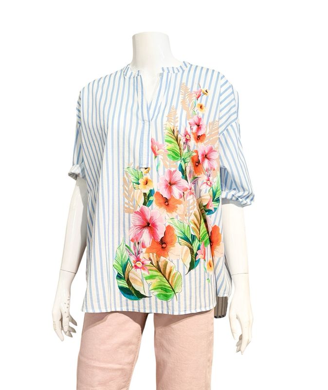 8882-156370 Kurzarm Stripebluse mit Blütendruck EMILY VAN DEN BERGH