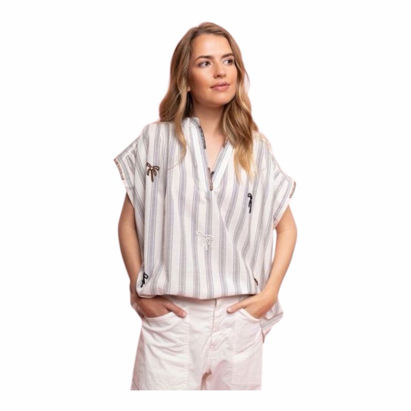 51609 OVERSIZE Stripebluse ecru black braun mit Stickerei THE SHIRT PROJECT