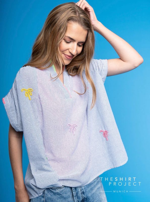 51581  OVERSIZE Stripebluse jeans weiß bunt mit Stickerei THE SHIRT PROJECT
