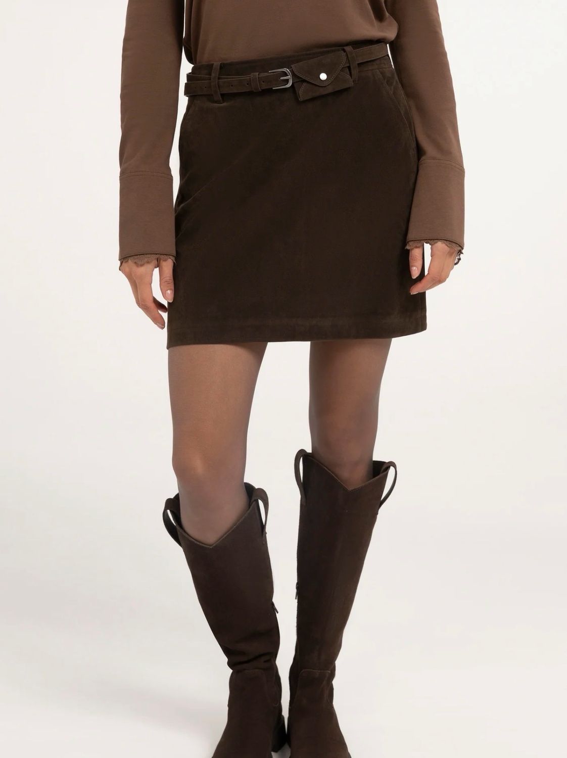 01-409100 Minirock aus Velourslederimitat mit Gürteldetail brown YAYA 01-409100 Minirock aus Velourslederimitat mit Gürteldetail brown YAYA