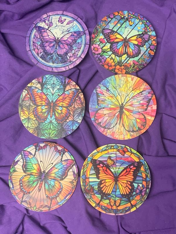 BUTTERFLY WOODEN COASTERS PKT 6 - 10cm