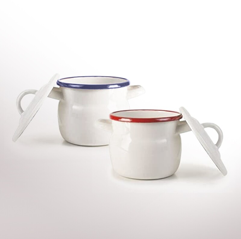 IBILI MINI STOCKPOT 0.5 L ENAMELLED STEEL IN WHITE/BORDEAUX OR WHITE/BLUE