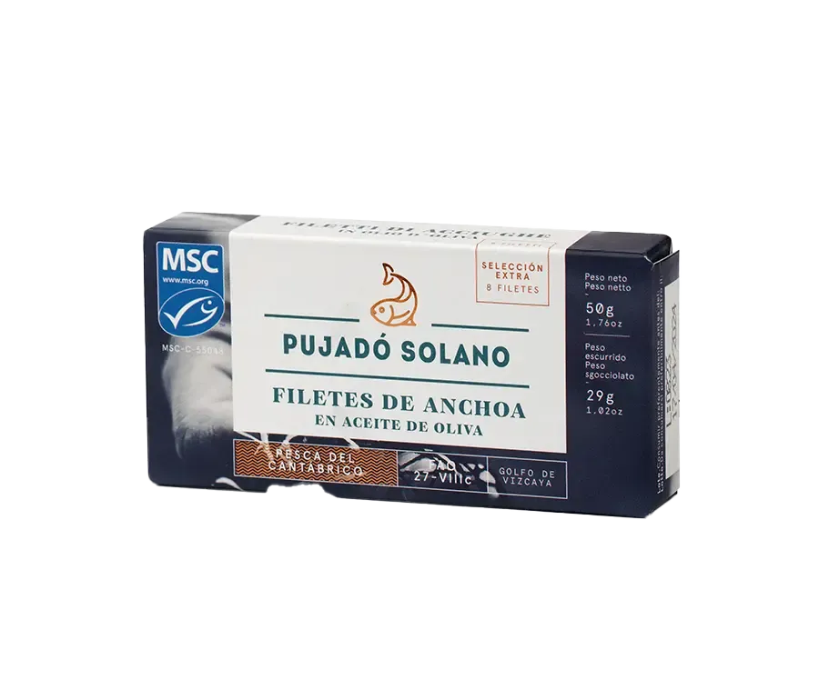 PUJADÓ SOLANO, premium Cantabrian 8 pieces anchovy fillet in olive oil (50 g)