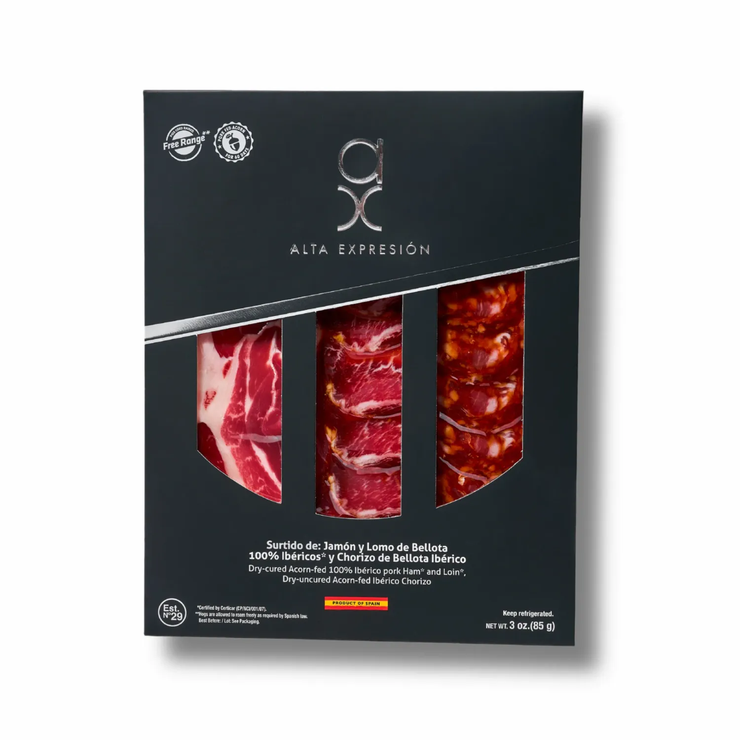 COVAP AX, dry cured acorn-fed 100% Iberico pork ham and loin, dry uncured acorn-fed Iberico chorizo (3 Oz)