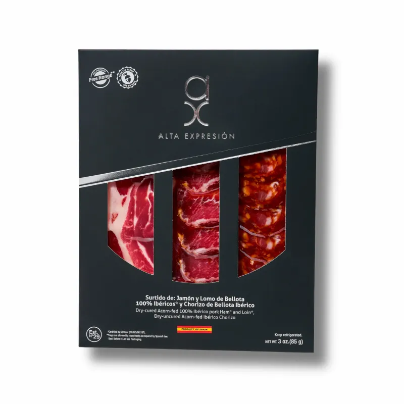 COVAP AX, dry cured acorn-fed 100% Iberico pork ham and loin, dry uncured acorn-fed Iberico chorizo (3 Oz)