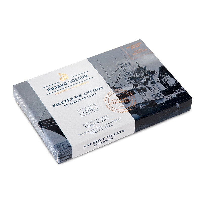 PUJADÓ SOLANO, premium Cantabrian anchovy fillets in olive oil 10-12 pcs (120 g)