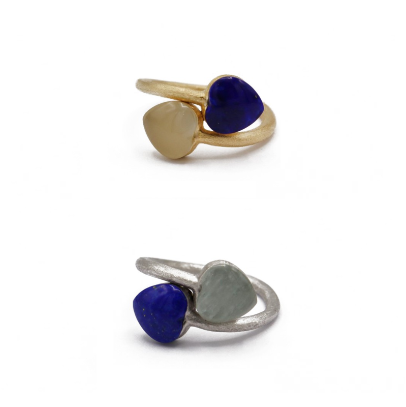 Anello CUORINMANO 8X8 con Acquamarina Milky ct 1,49 e Lapislazzuli ct 1,60