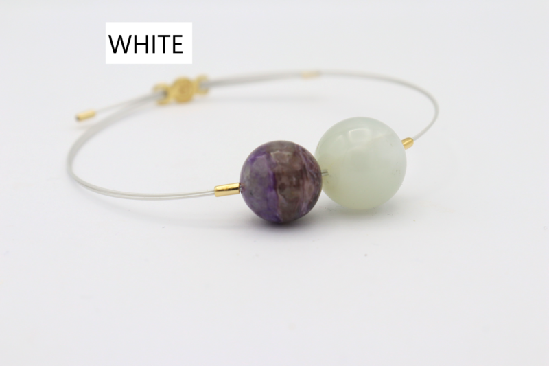 Bracciale Vivi Mix con CAVETTI COLORATI Pietra diLuna14mm e Charoite12mm