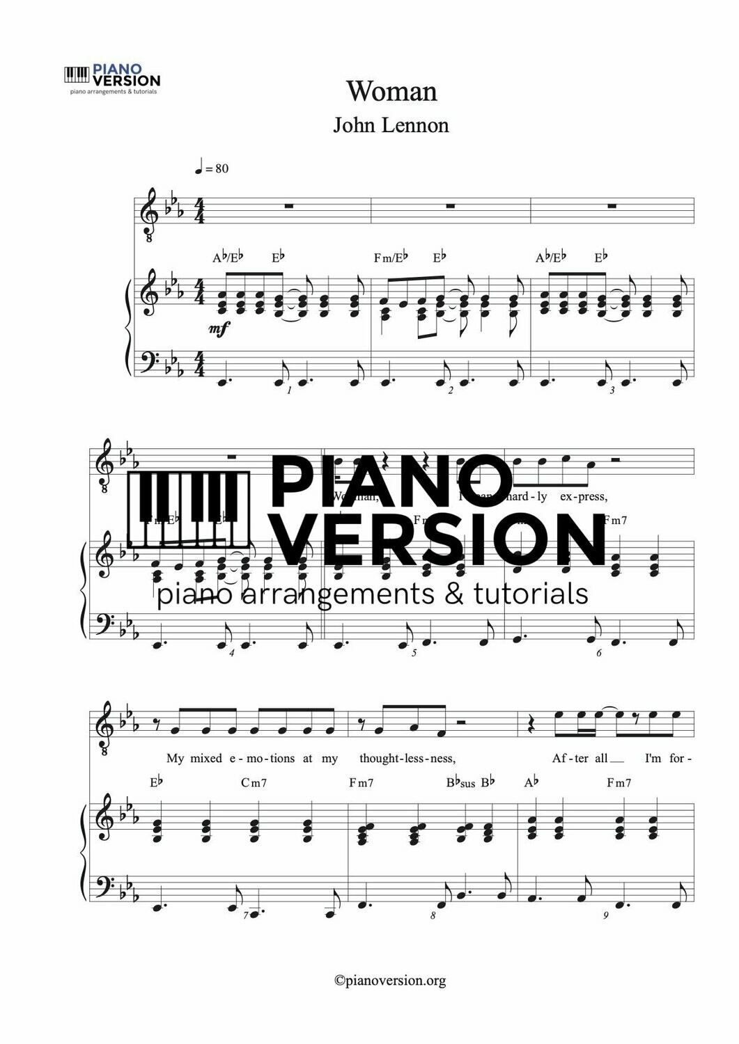 Woman by John Lennon - Easy Piano - Digital Sheet Music