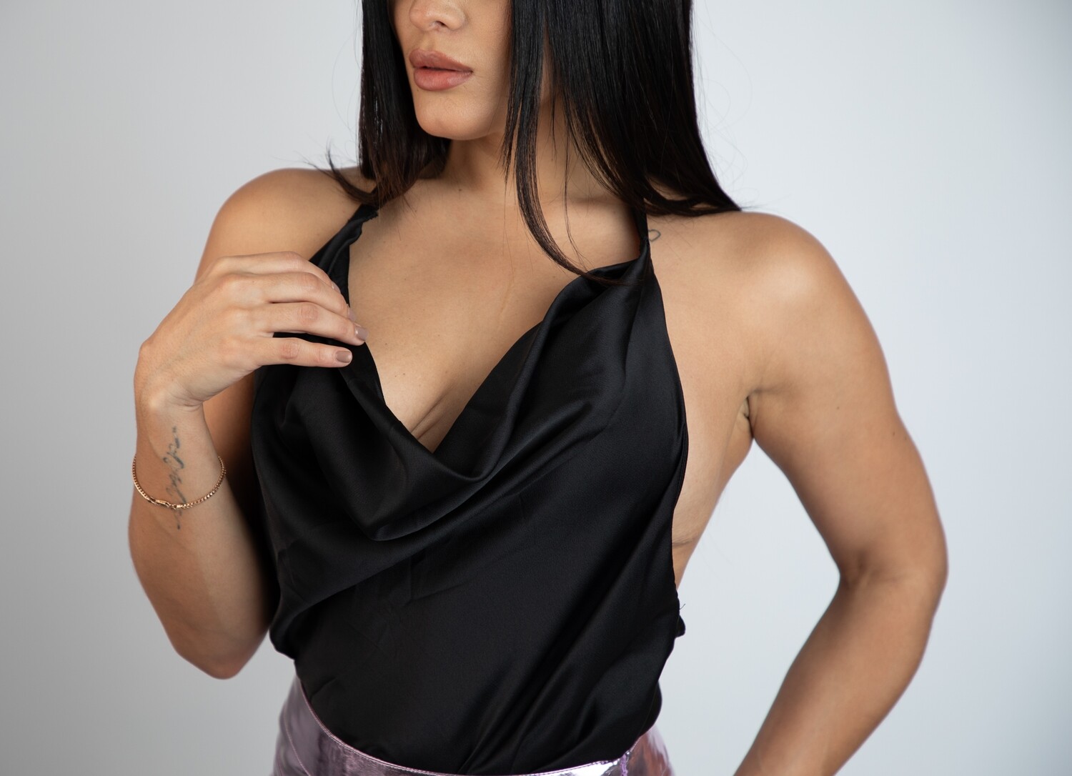 Black Satin Halter Top Cowl