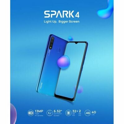 Tecno Spark 4 (KC8) 6.52&quot; HD+ 2GB RAM + 32GB ROM, 13MP Triple AI Camera, Android 9, 4G, 4000mAh, Fingerprint &amp; Face ID - Blue