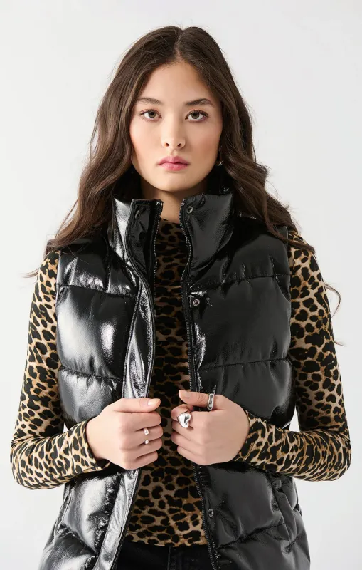 Hooded Faux Leather Puffer Vest