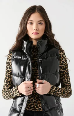 Hooded Faux Leather Puffer Vest