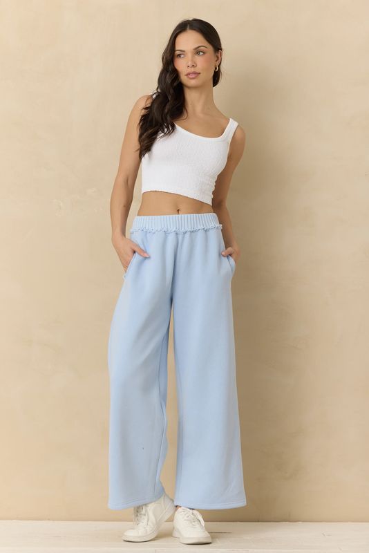 Vintage Havana Vintage Fleece Wide Leg Pants with Rib - Lake Blue