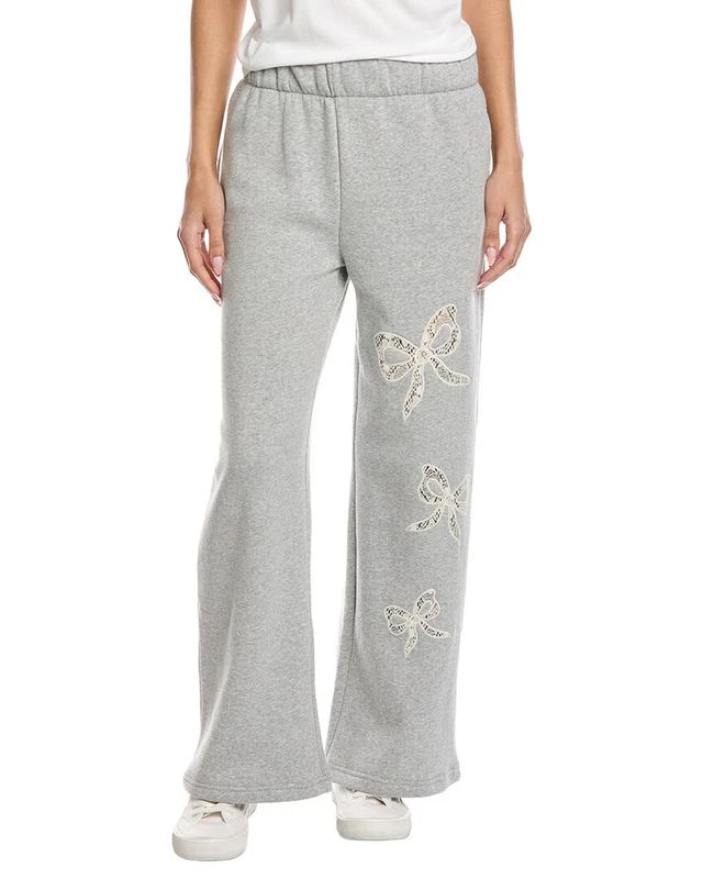 Vintage Havana Lace Insert Fleece Wide Leg Pant - Pearl Grey