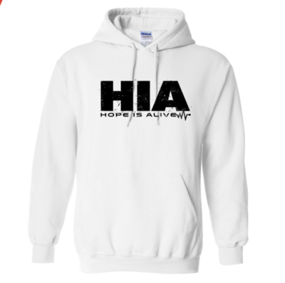 White HIA Hoodie with Black Lettering White HIA Hoodie with Black Lettering