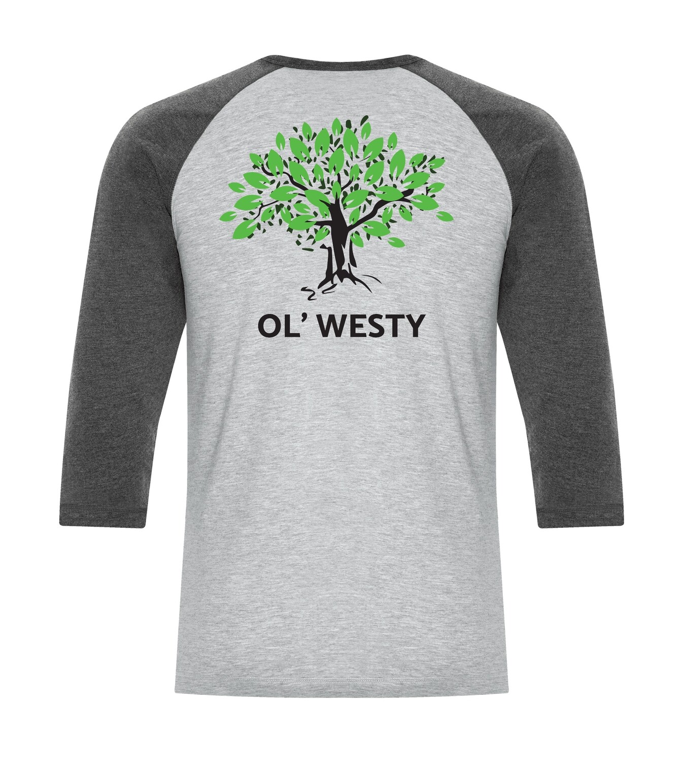 ATC™ EUROSPUN Ring Spun Baseball Tee, Color: Athletic Grey/ Charcoal Heather Sleeves, Ol&#39; Westy tree print on back: Yes