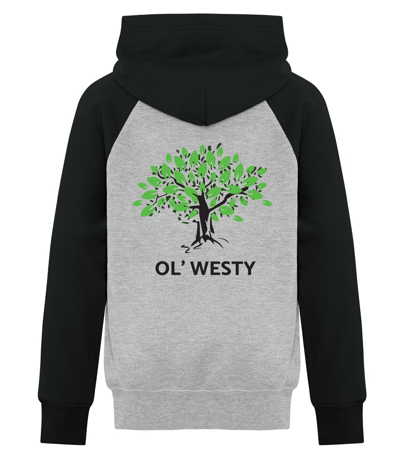 ATC™ EVERYDAY Fleece Two Tone Hooded Sweatshirt, Color: Athletic Heather/ Black Sleeves, Ol&#39; Westy tree print on back: Yes