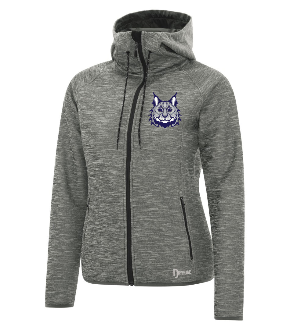 DRYFRAME® DRY TECH Fleece Full Zip Ladies&#39; Hooded Jacket, Color: Asphalt Heather, Design Choice: Design 1