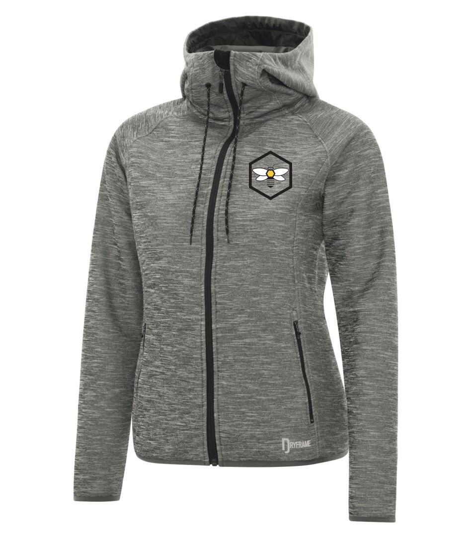 DRYFRAME® DRY TECH Fleece Full Zip Ladies&#39; Hooded Jacket, Color: Asphalt Heather, Design Choice: Design 3