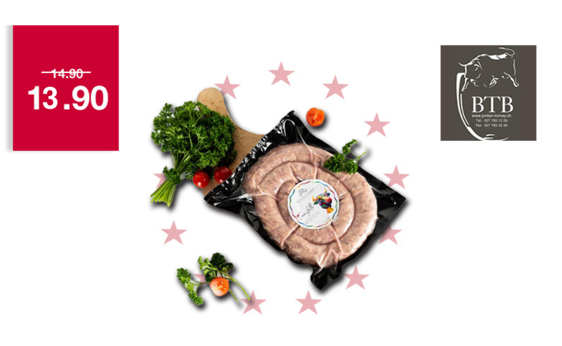 Sauciflette, saucisse à rôtir au fromage à raclette - BTB